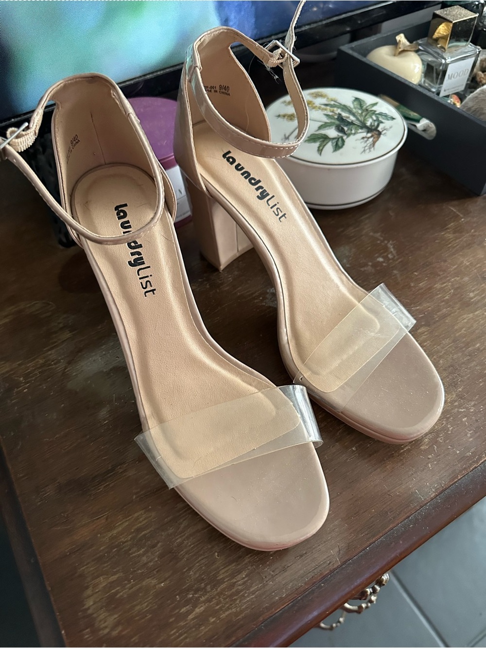 Nude Block Heel Sandals with Clear Strap